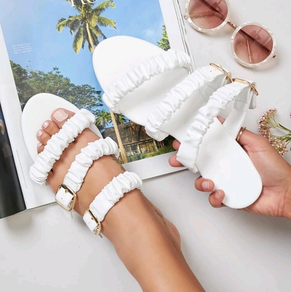 Vengen leather ruched double straps  slide sandals